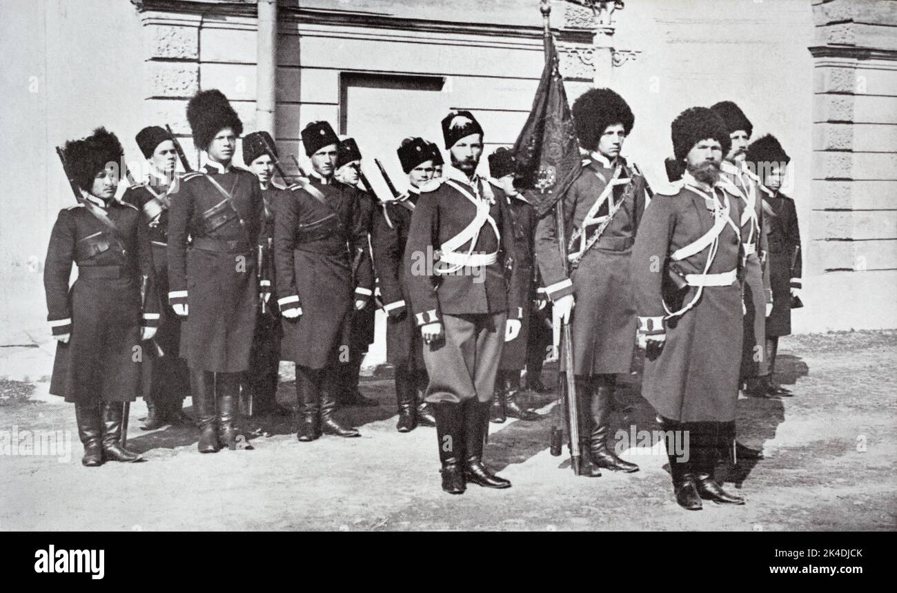 Russian cossacks from the Don region at attention with flag during the early stages of the Firest World War. Stock Photo