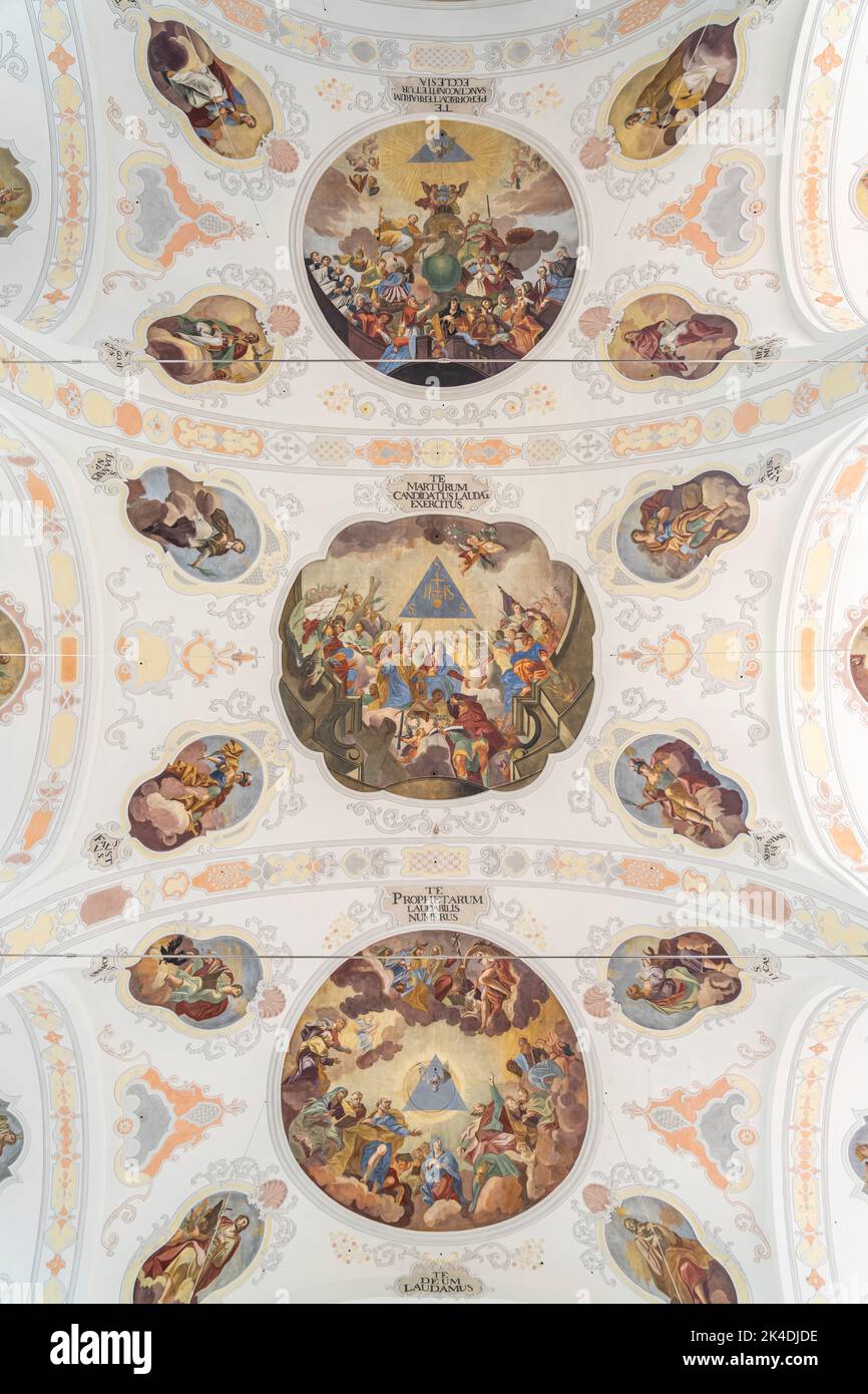 Malerei an der Kirchendecke der Basilika St. Peter in Dillingen an der Donau, Bayern, Deutschland |  Basilica of Sts. Peter and Paul ceiling pantings, Stock Photo