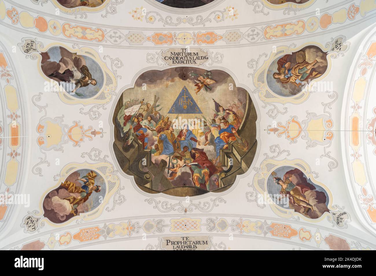 Malerei an der Kirchendecke der Basilika St. Peter in Dillingen an der Donau, Bayern, Deutschland |  Basilica of Sts. Peter and Paul ceiling pantings, Stock Photo