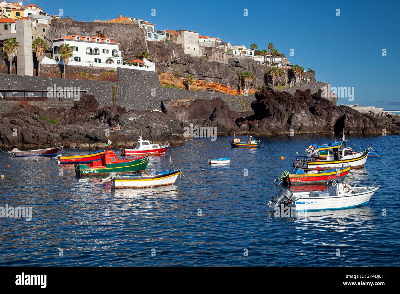 Câmara de Lobos ,colorful fishing boats in the harbour,  old fishing village,  south coast,  Madeira,  Portugal,  Europe Stock Photo