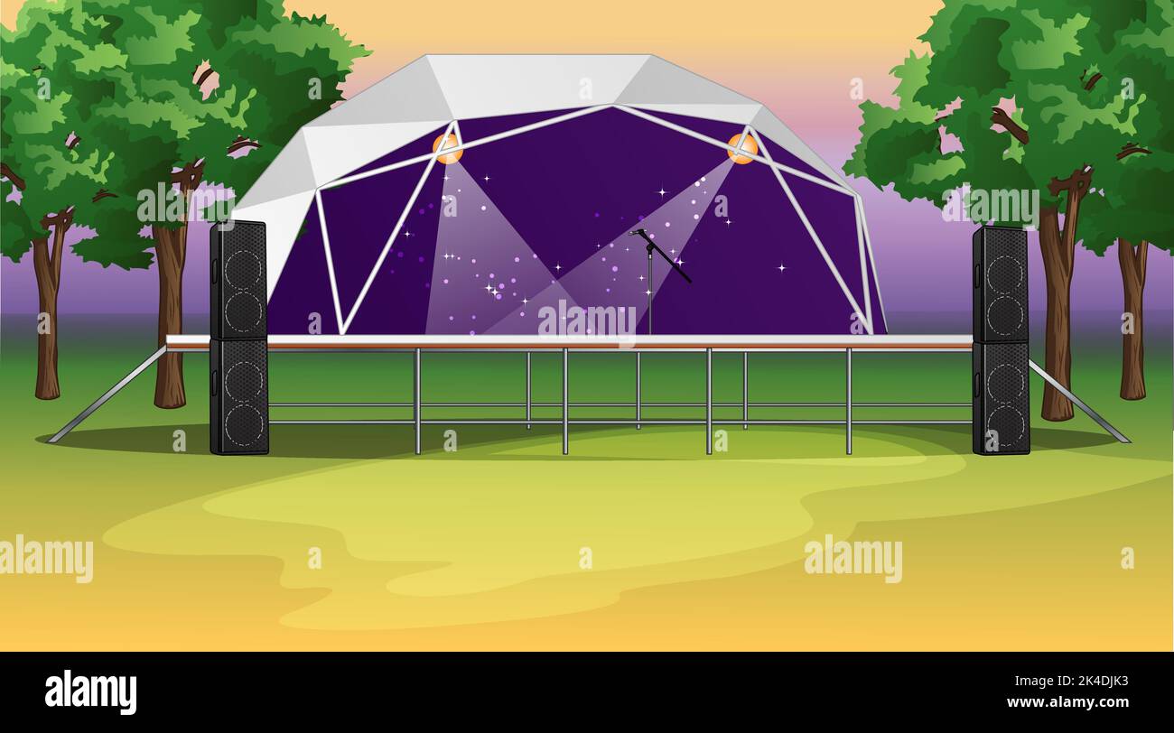 Festival Theme Concert Stage in the Woods Background Scene. Vector Illustration Stock Vector