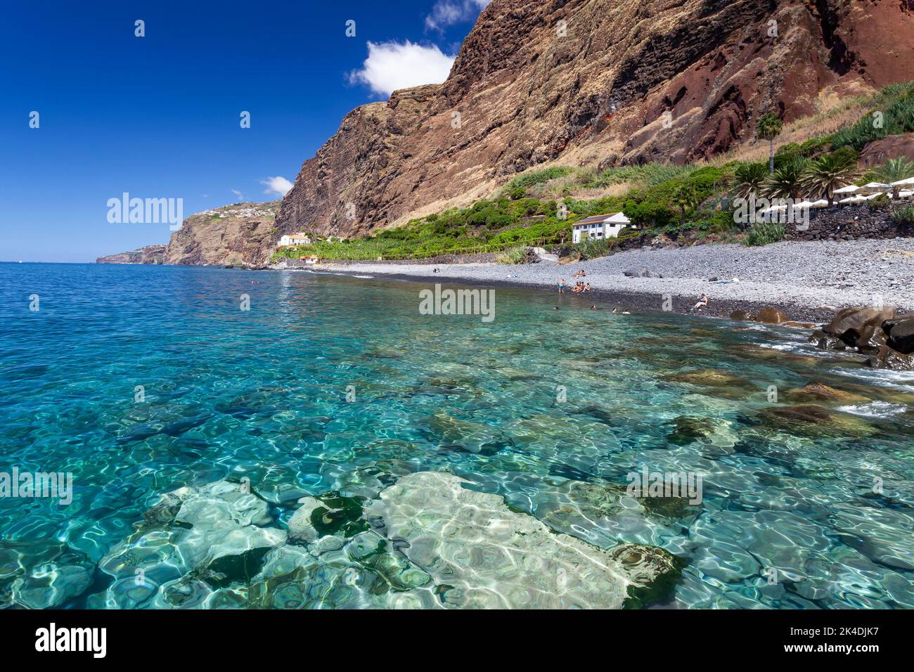 Natural and pebble beach  Fajã dos Padres, Madeira, Portugal,  Europe Stock Photo