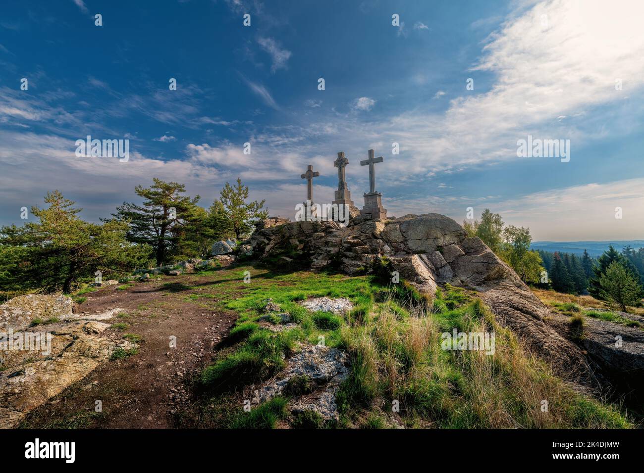 The National Natural Monument Three Crosses (Tři Kříže in Czech) near the small town of Prameny near Mariánské Lázně (Marienbad) - Czech Republic. - Stock Image