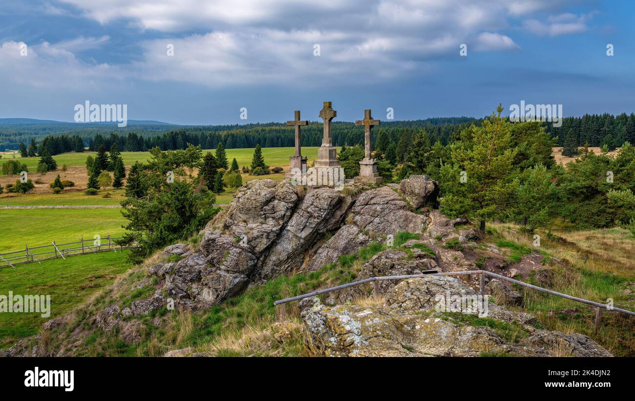 The National Natural Monument Three Crosses (Tři Kříže in Czech) near the small town of Prameny near Mariánské Lázně (Marienbad) - Czech Republic. - Stock Image
