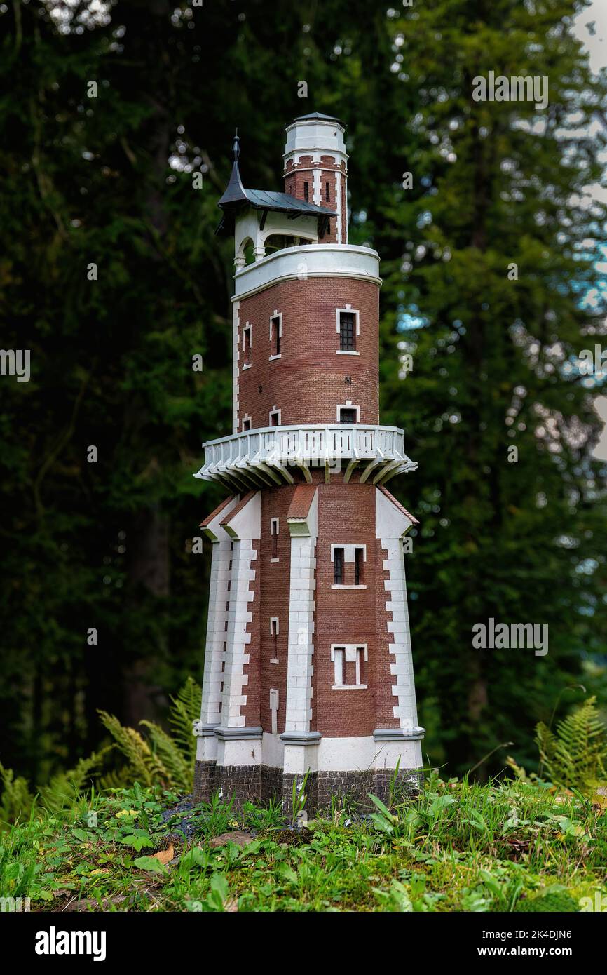 Boheminium Miniature Park in Marianske Lazne (Marienbad) - miniature of the lookout tower above the town Kryry - Stock Image