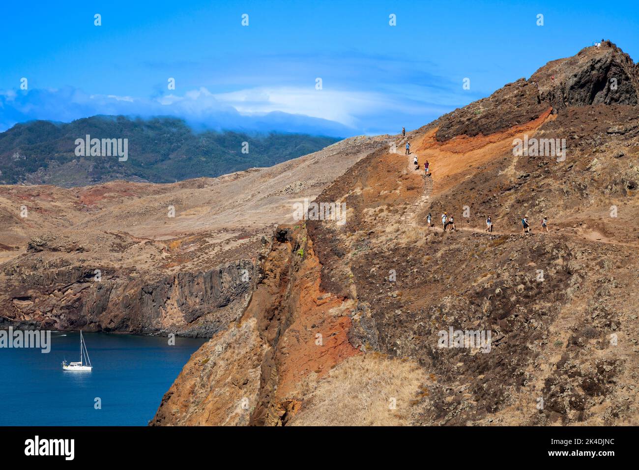 Hiker,São Lourenço, volcanic peninsula rocky coast cliffs, Ponta de San Lorenzo, Madeira, Portugal, Europe Stock Photo