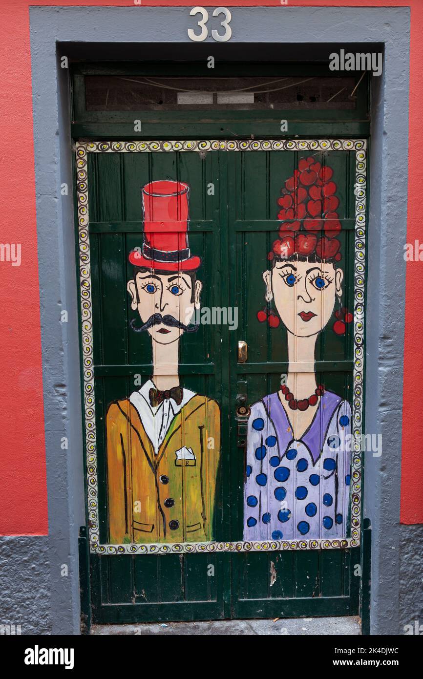Colourful painted doors in the old town,the art of open doors, in the street of Santa Maria,  Madeira, Portugal, Europe Stock Photo