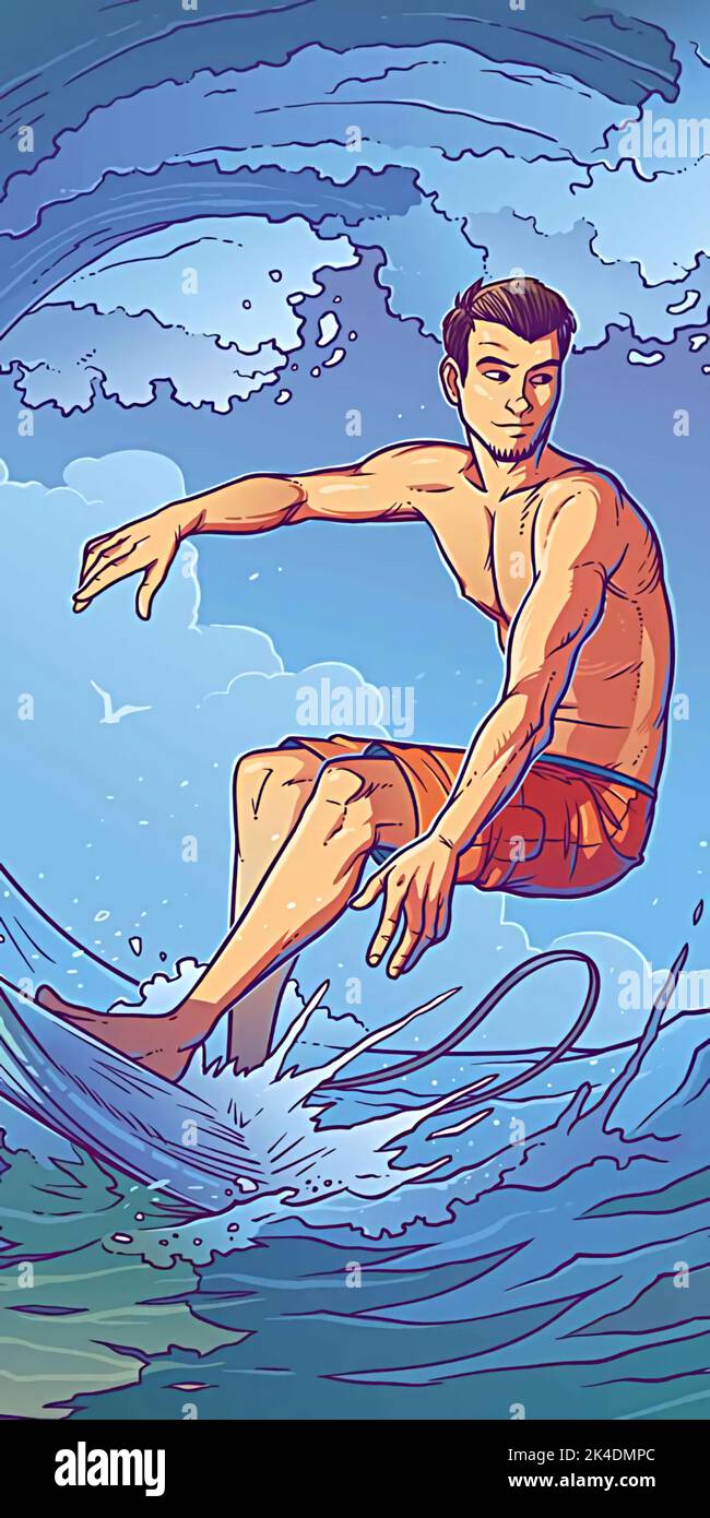 illustration of a man surfing with big waves in the sea Stock Photo - Alamy