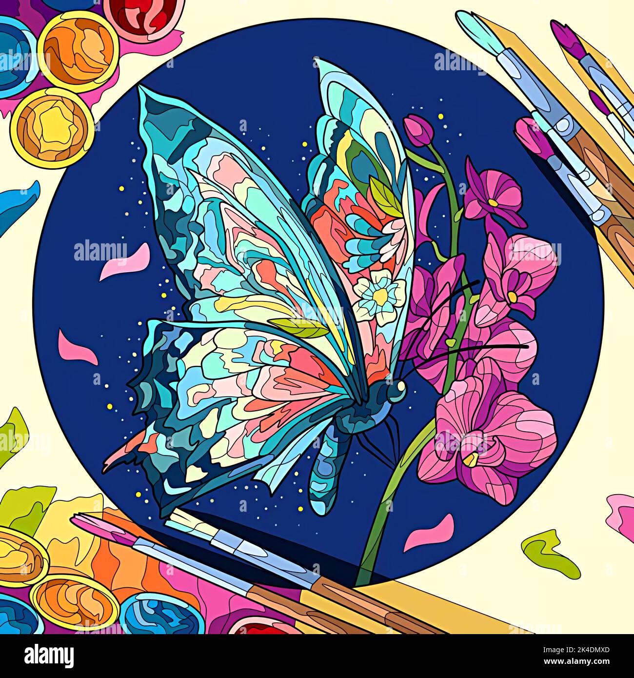 illustration of a butterfly and a pink flower Stock Photo - Alamy