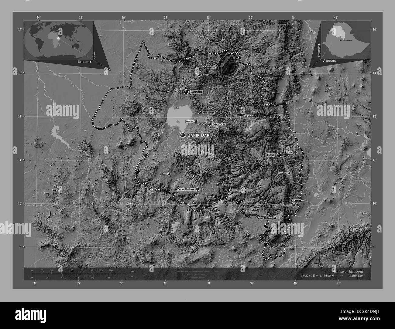 Amhara, State Of Ethiopia. Bilevel Elevation Map With Lakes And Rivers ...