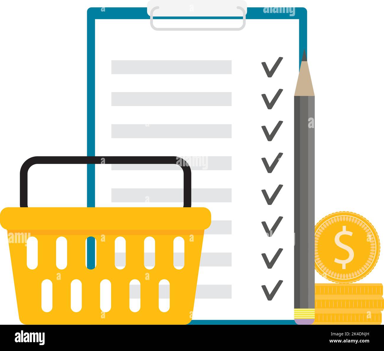 Checklist to supermarket, planning budget and check purchases. Vector illustration. Check market budget, sheet reminder, choice note, supermarket pape Stock Vector