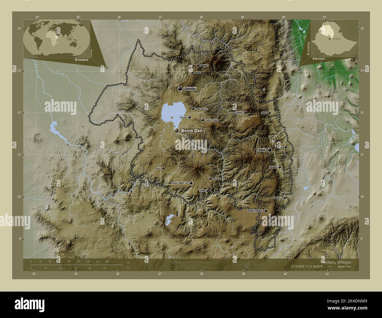 Amhara, state of Ethiopia. Elevation map colored in wiki style with lakes and rivers. Locations ...