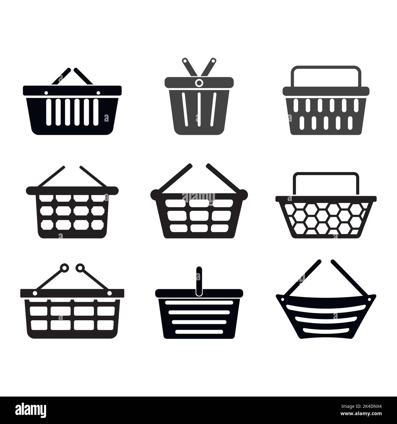 Shopping basket collection, black white design, bag cart to mall center and supermarket. Vector illustration. Shopping basket, supermarket bag design, Stock Vector