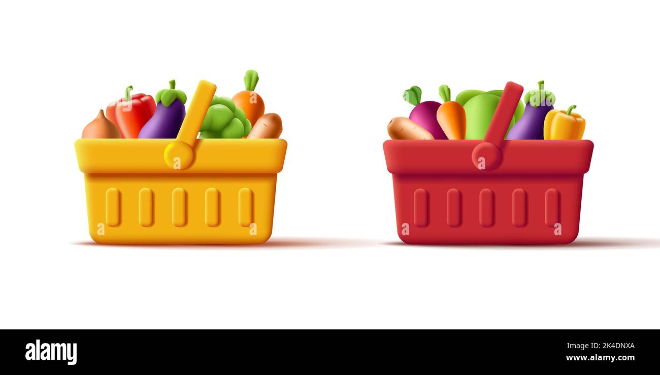 3d red and yellow grocery store basket full of vegetables, isolated