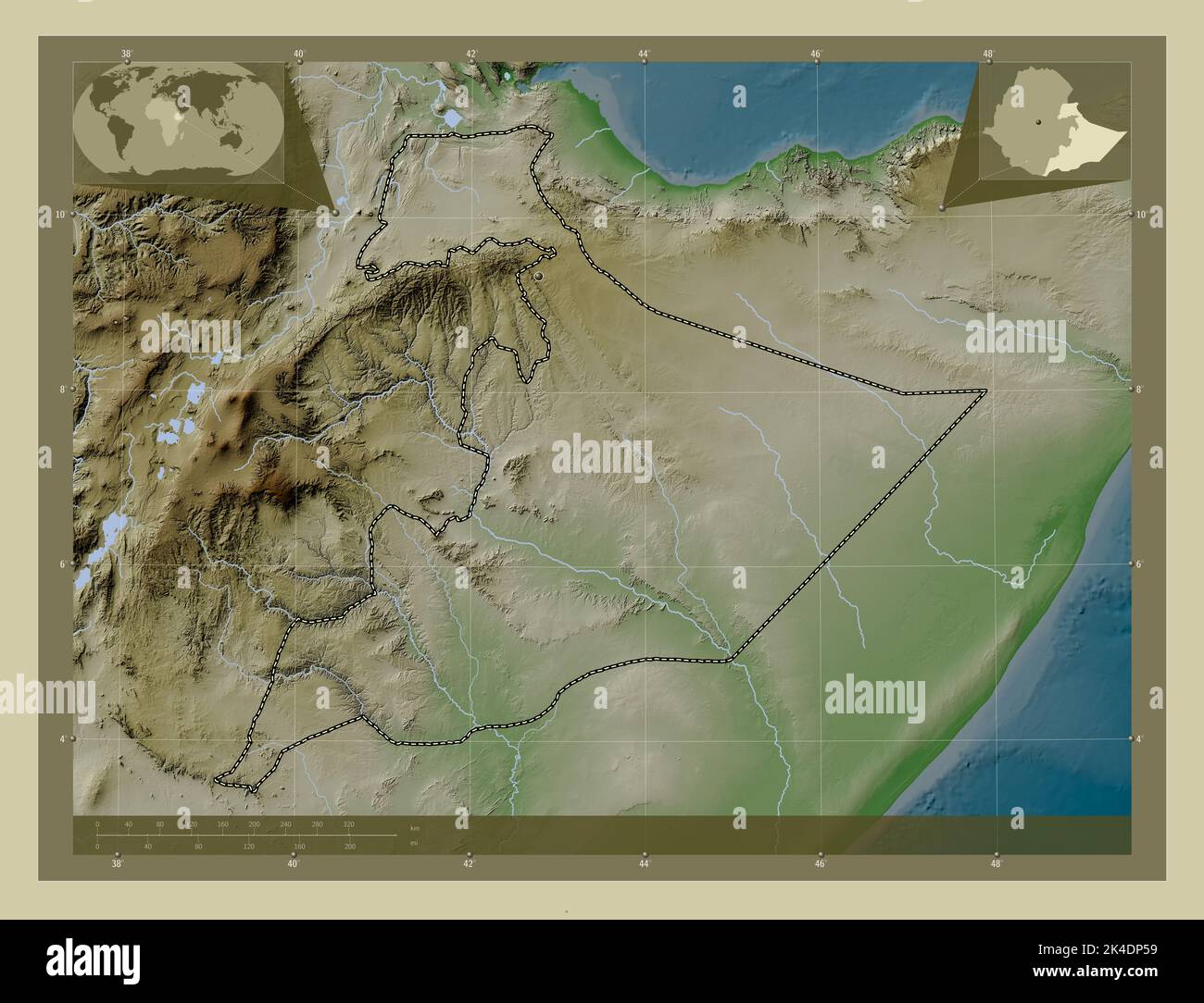 Somali, state of Ethiopia. Elevation map colored in wiki style with lakes and rivers. Locations ...