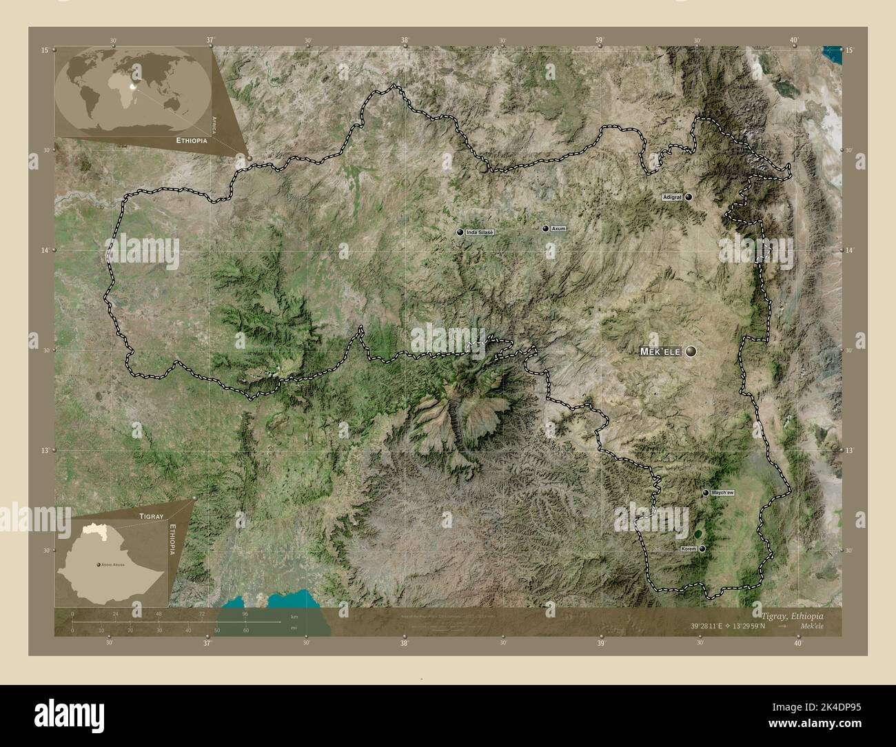 Tigray, state of Ethiopia. High resolution satellite map. Locations and names of major cities of
