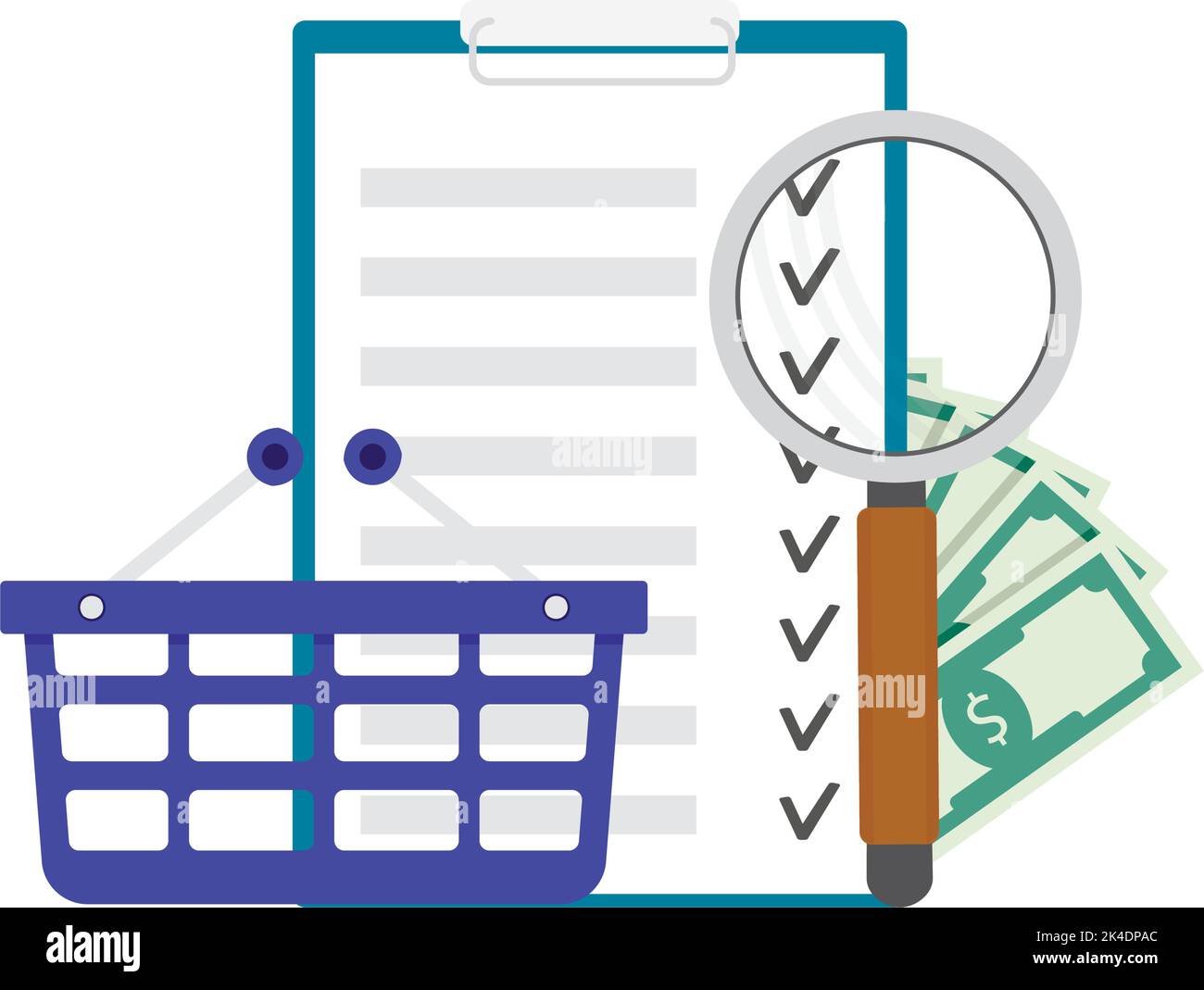 Grocery list to buy, analisis budget to food shopping daily or weekly or monthly. Vector illustration. Supermarket monthly checklist, weekly check not Stock Vector