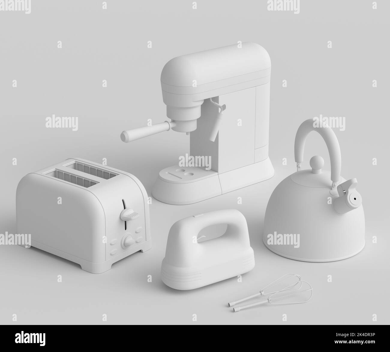 Espresso coffee machine, hand mixer, kettle and toaster for preparing