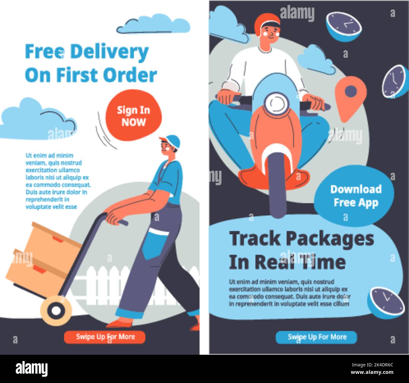 Free delivery on first order, track package time Stock Vector
