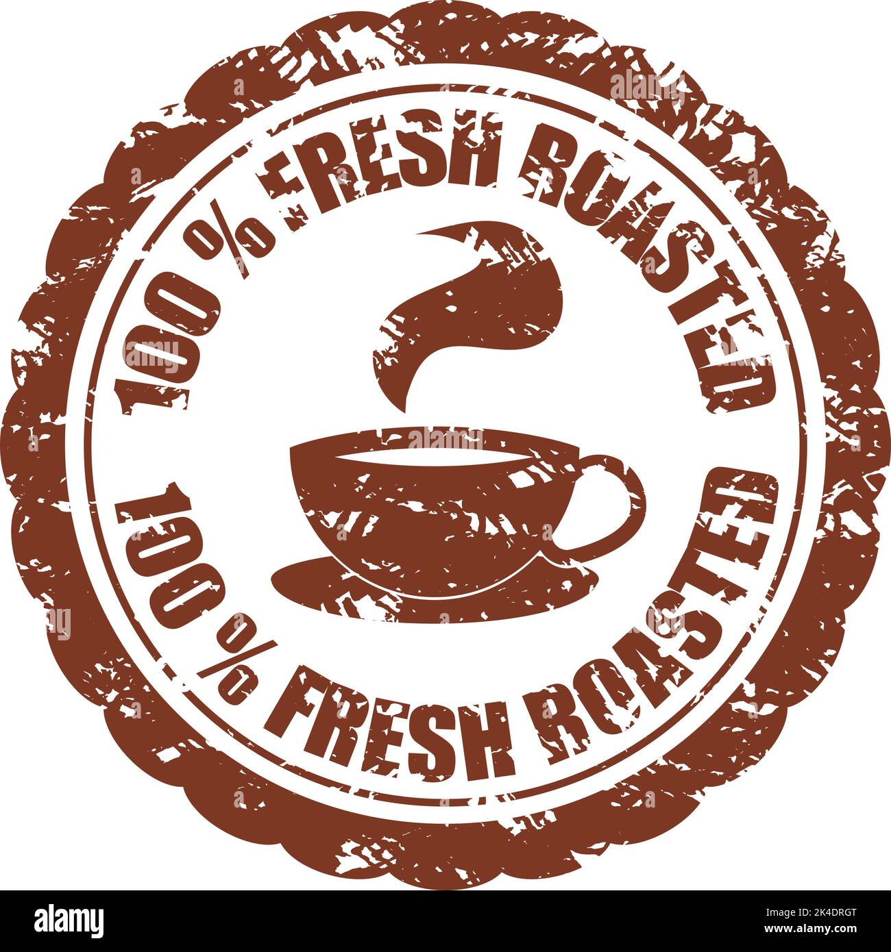 Fresh roasted coffee, rubber texture stamp with aromy cup. Victor illustration. Brown banner with cup of coffee, label stamp, retro icon, aroma remium Stock Vector