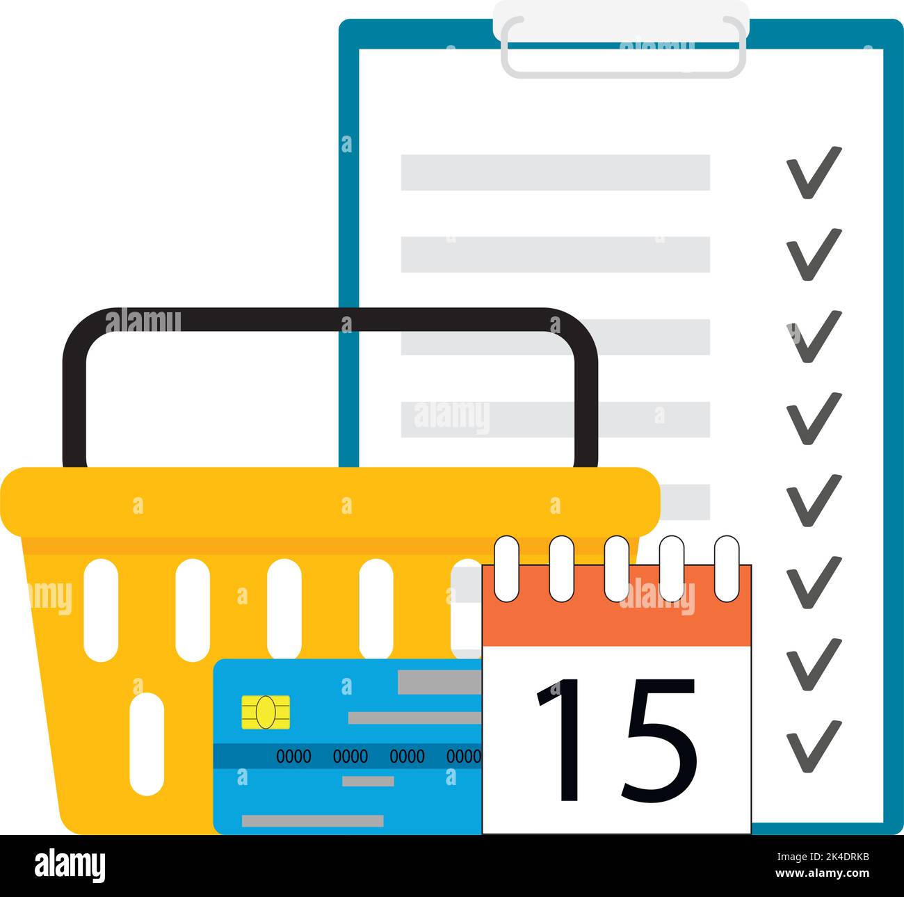 Monthly grocery budget, checklist and shopping basket. Vector illustration. Shopping list, commerce information, product reminder message, planning bu Stock Vector