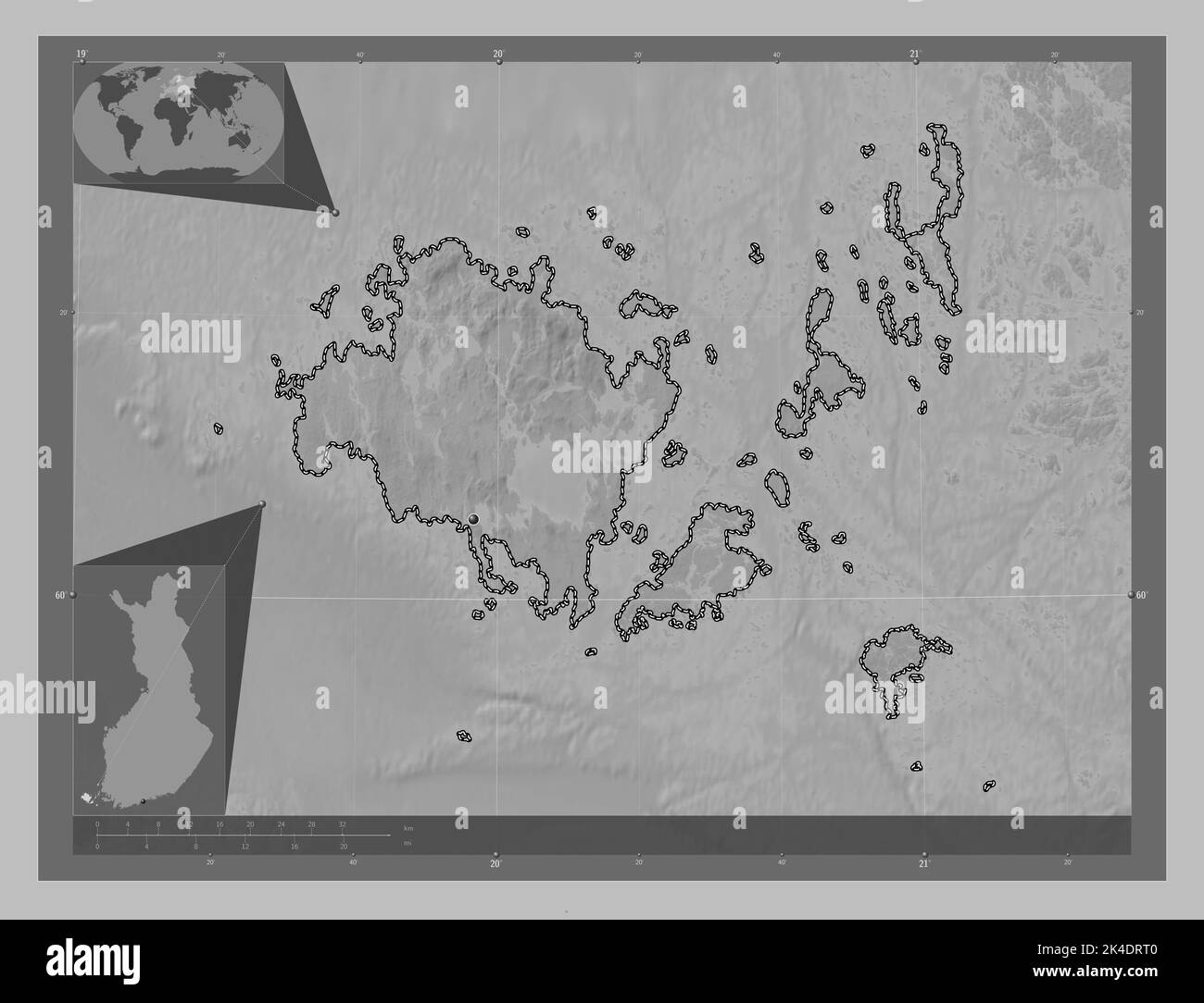 Aland, region of Finland. Grayscale elevation map with lakes and rivers. Corner auxiliary location maps Stock Photo