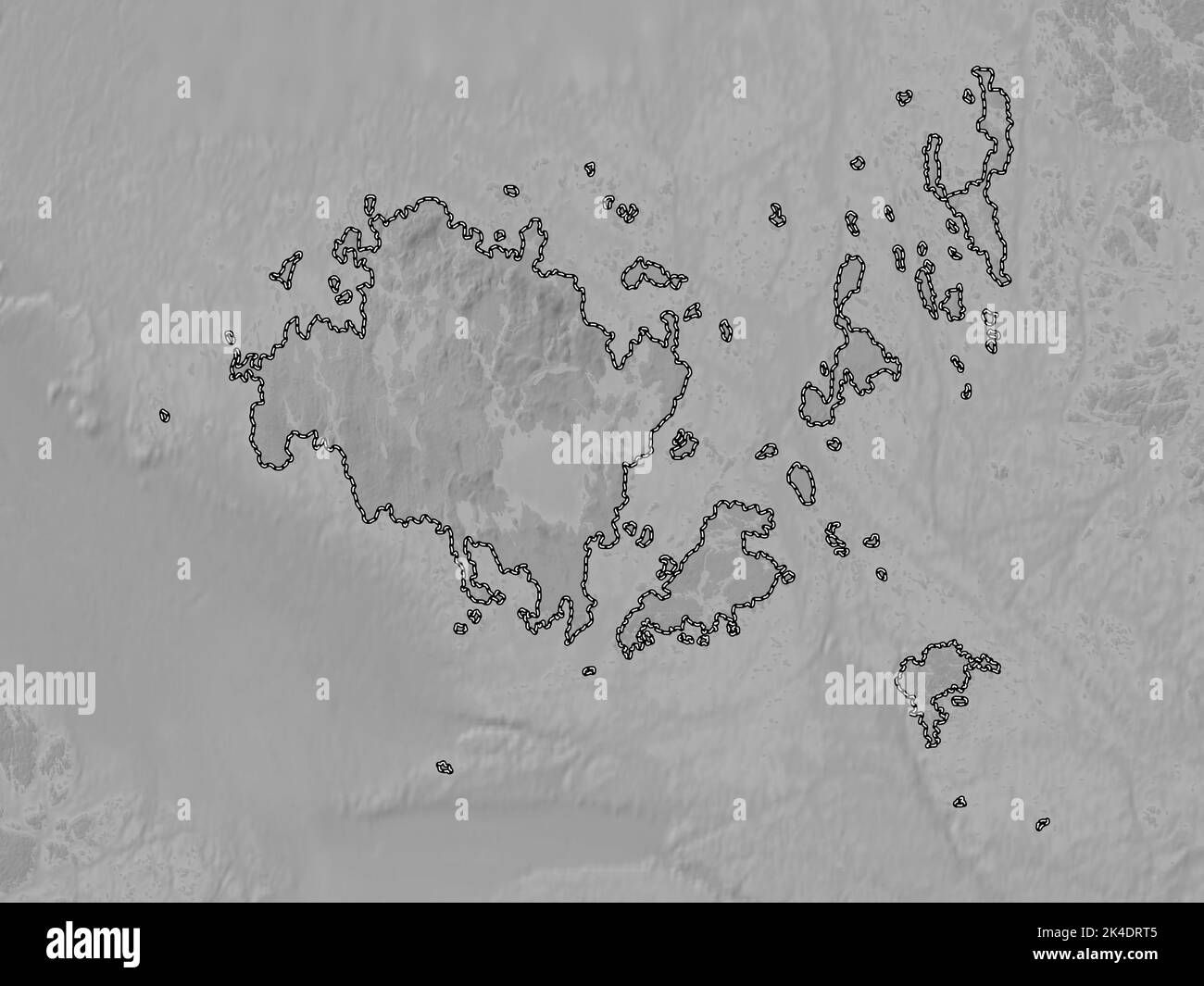 Aland, region of Finland. Grayscale elevation map with lakes and rivers Stock Photo