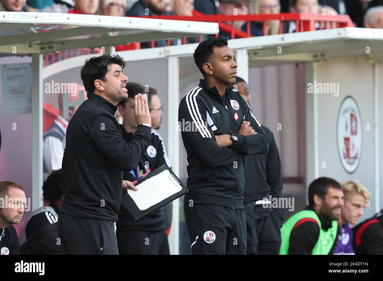 Crawley Town's manager Kevin Betsy in the dug-out during the EFL League Two match between Crawley Town and Stevenage at the Broadfield Stadium in Crawley. Picture James Boardman/Telephoto Images Stock Photo