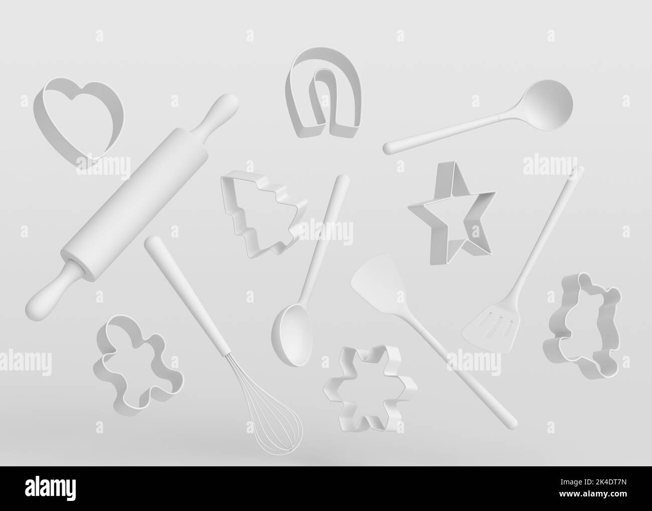 Wooden kitchen utensils and cookie cutters on monochrome background. 3d