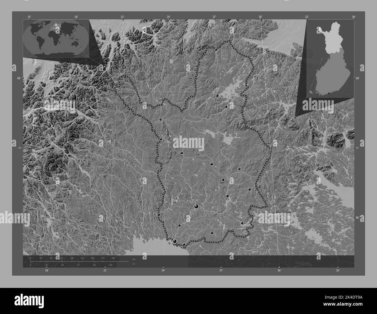 Lapland, region of Finland. Bilevel elevation map with lakes and rivers
