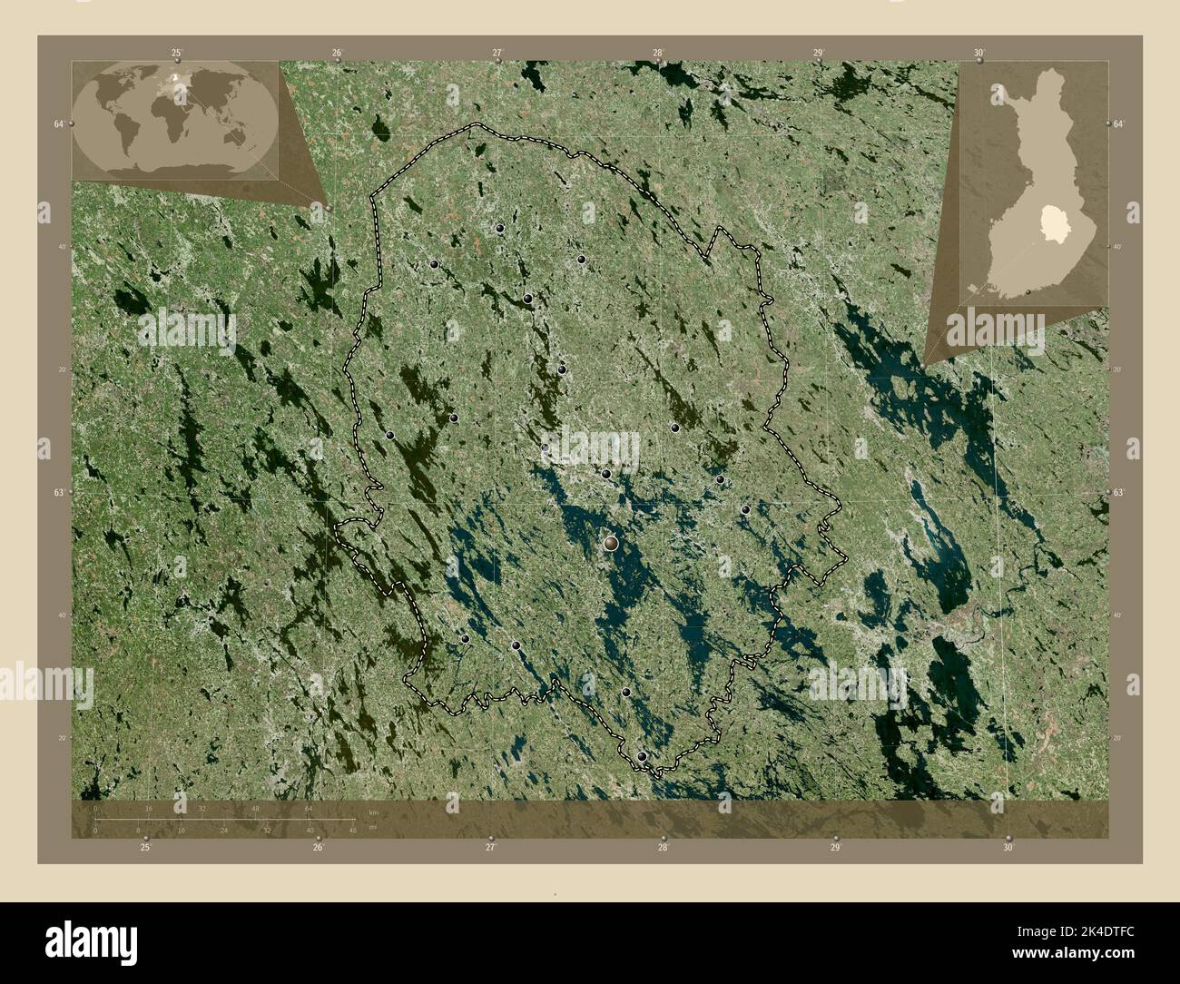 North Savonia, region of Finland. High resolution satellite map. Locations of major cities of the region. Corner auxiliary location maps Stock Photo