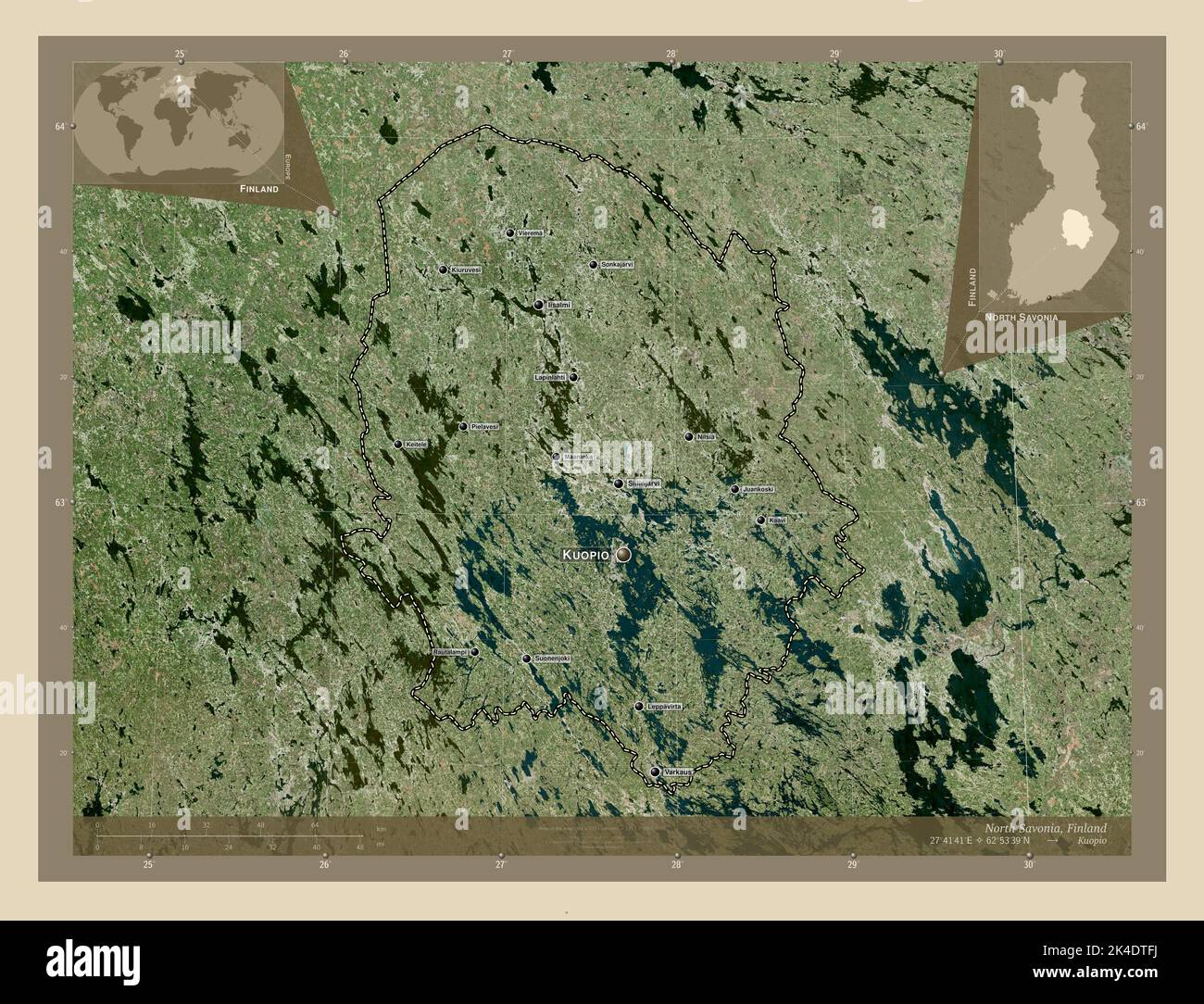 North Savonia, region of Finland. High resolution satellite map. Locations and names of major cities of the region. Corner auxiliary location maps Stock Photo
