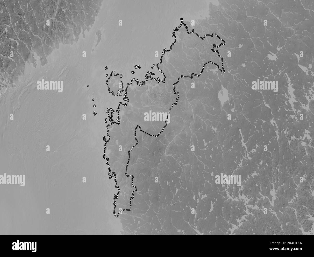 Ostrobothnia, region of Finland. Grayscale elevation map with lakes and rivers Stock Photo
