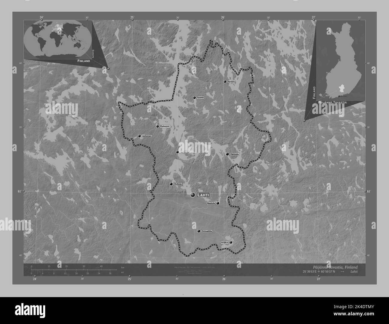 Paijanne Tavastia, region of Finland. Grayscale elevation map with lakes and rivers. Locations and names of major cities of the region. Corner auxilia Stock Photo