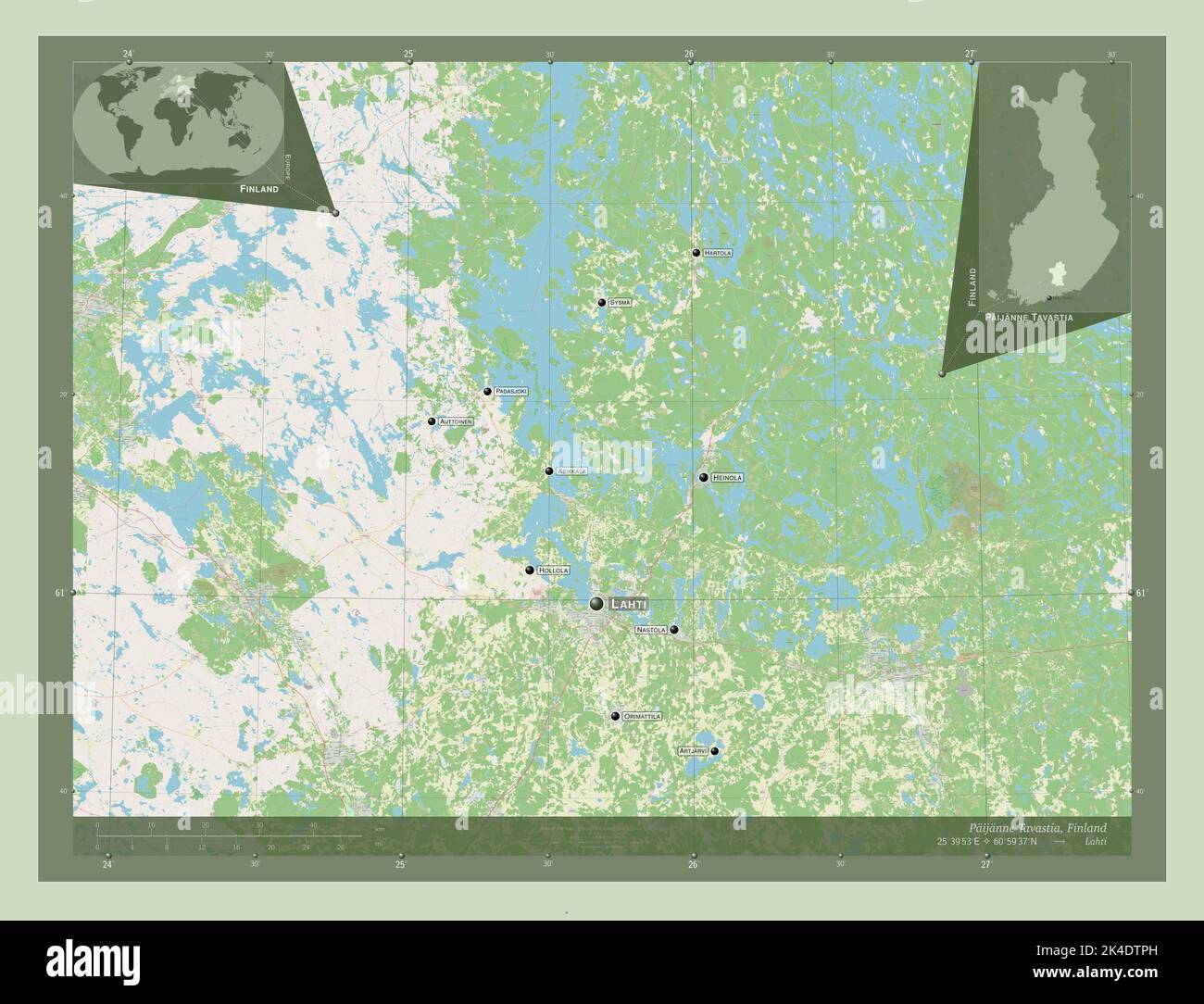 Paijanne Tavastia, region of Finland. Open Street Map. Locations and names of major cities of the region. Corner auxiliary location maps Stock Photo