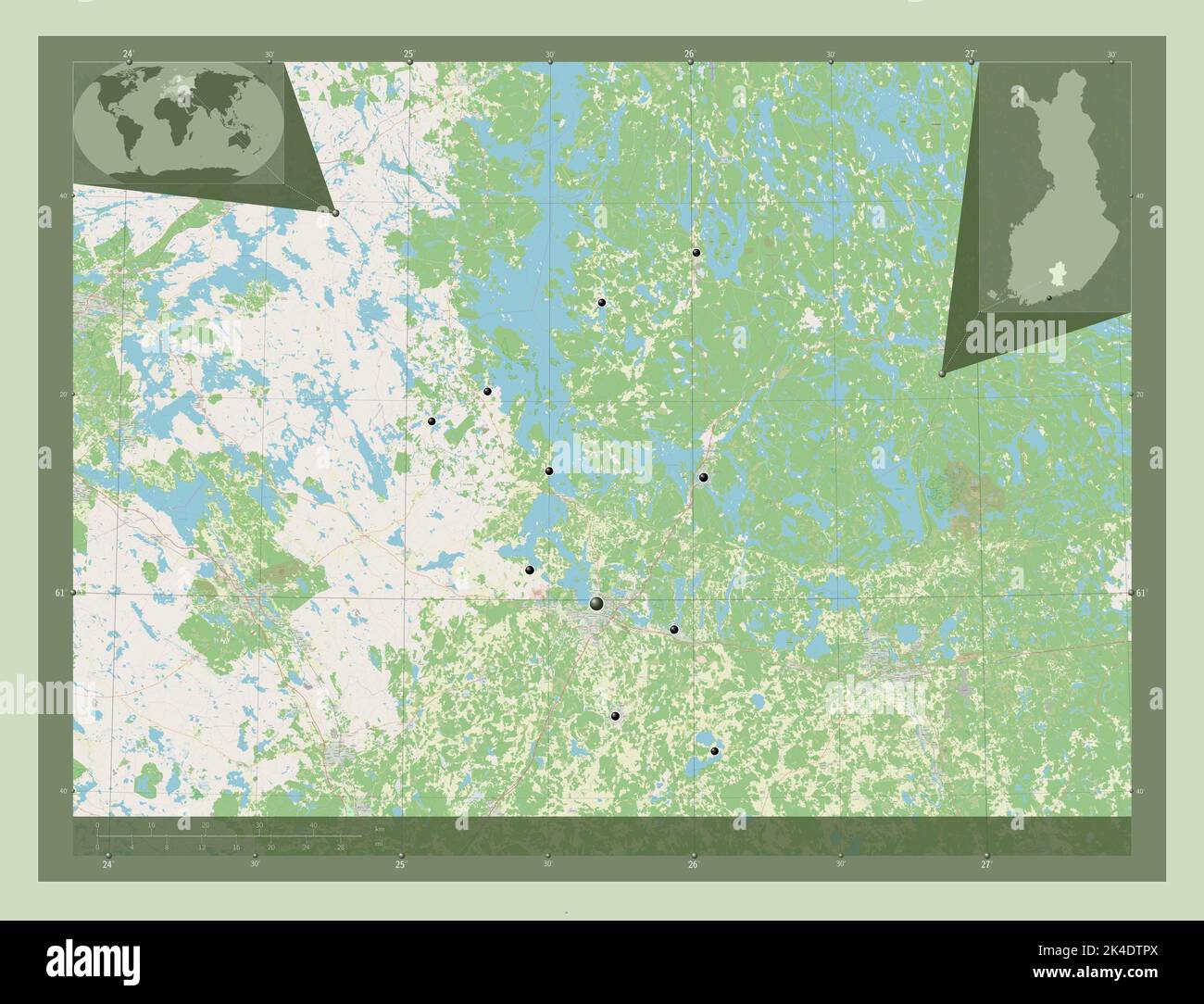Paijanne Tavastia, region of Finland. Open Street Map. Locations of major cities of the region. Corner auxiliary location maps Stock Photo