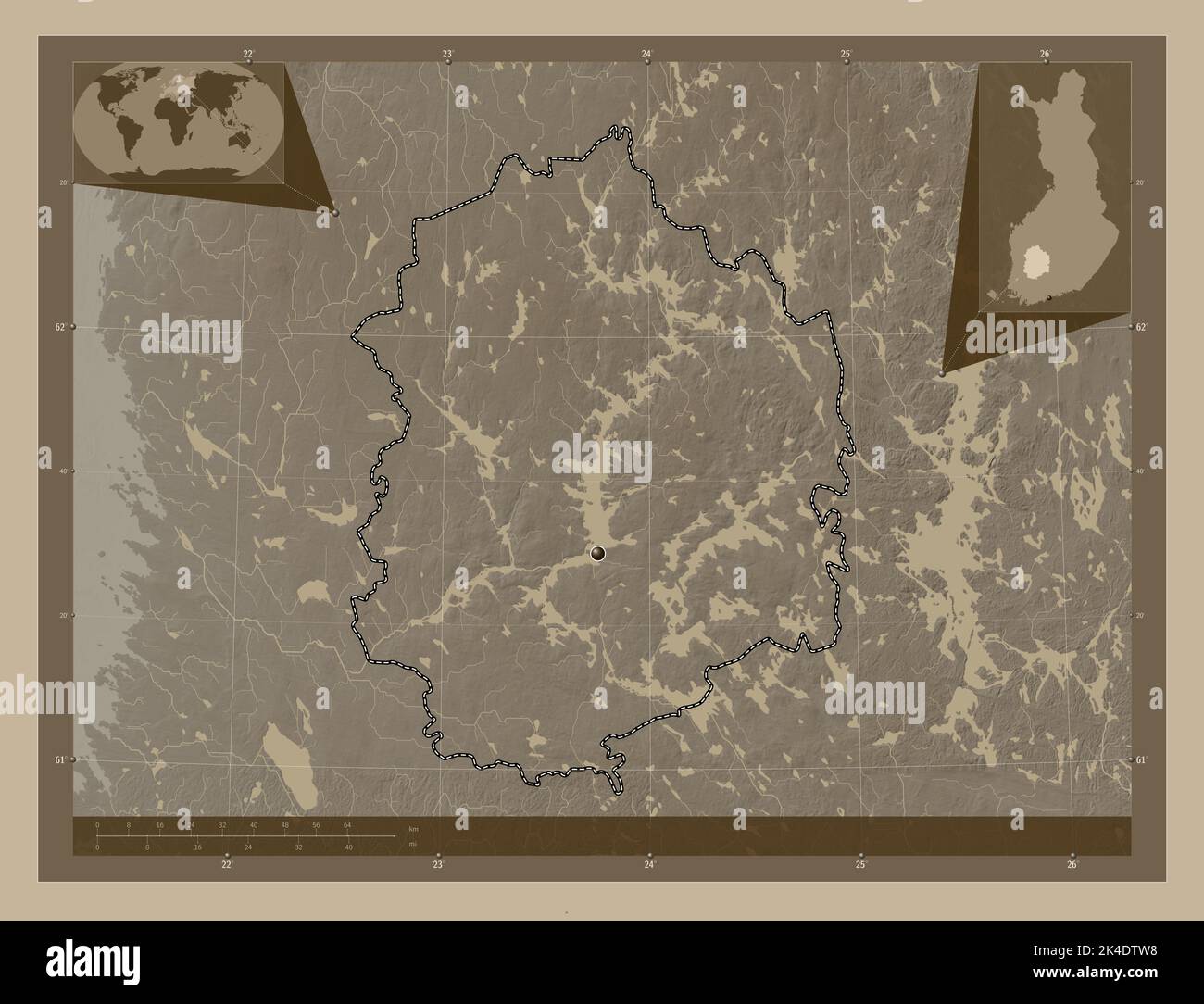 Pirkanmaa, region of Finland. Elevation map colored in sepia tones with lakes and rivers. Corner auxiliary location maps Stock Photo