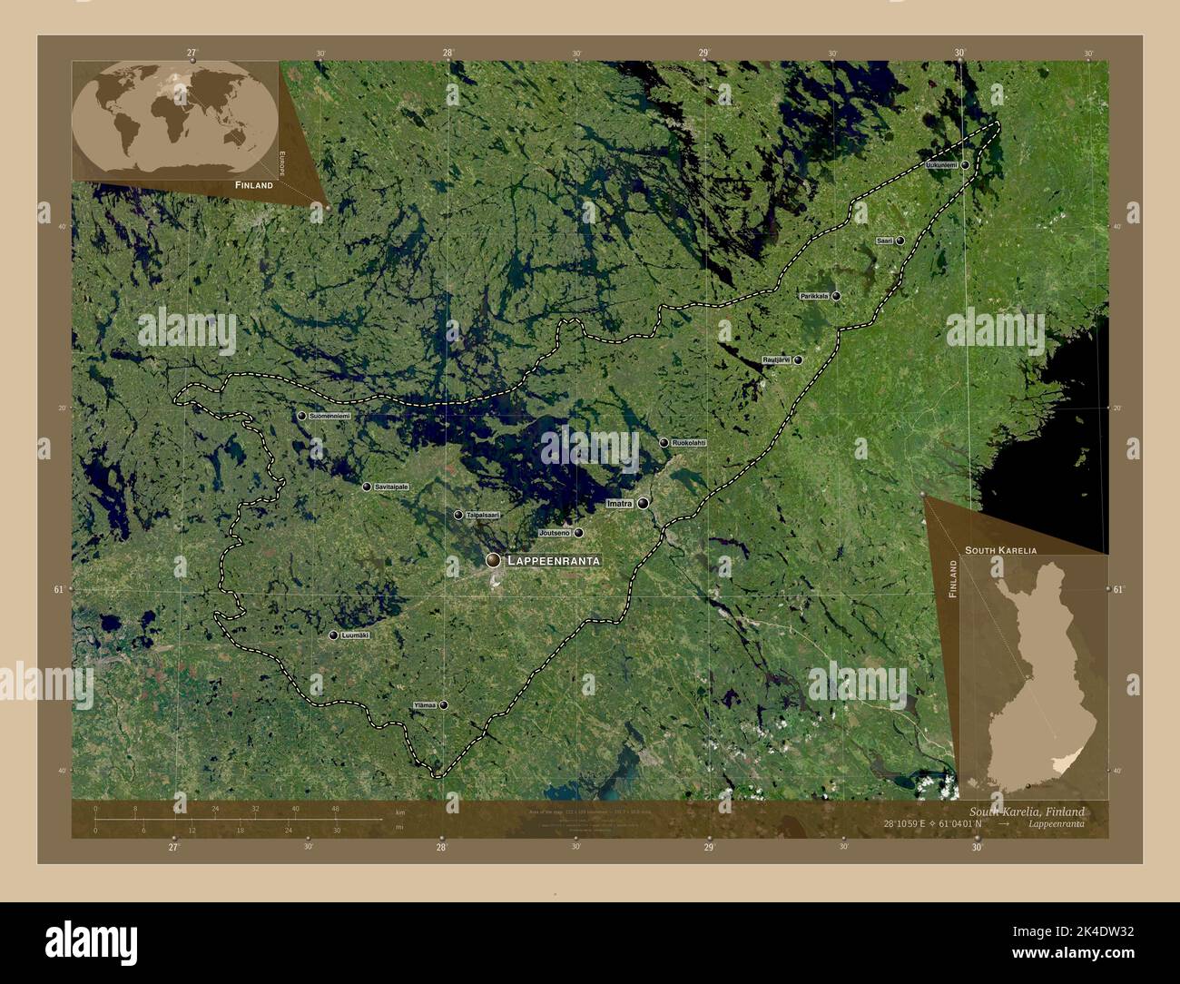 South Karelia, region of Finland. Low resolution satellite map. Locations and names of major cities of the region. Corner auxiliary location maps Stock Photo