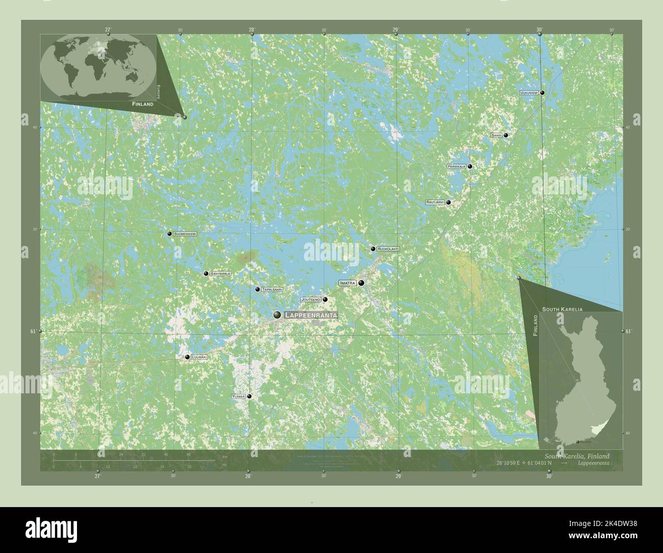 South Karelia, region of Finland. Open Street Map. Locations and names of major cities of the region. Corner auxiliary location maps Stock Photo
