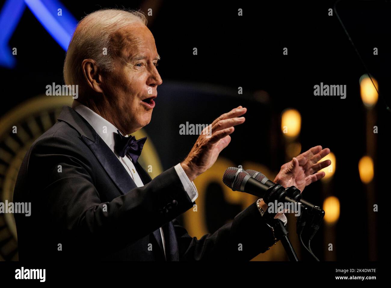 Washington, DC, USA. 1st Oct, 2022. United States President Joe Biden speaks at the Phoenix Awards Dinner in Washington, DC, US, on Saturday, October 1, 2022. The Biden administration this week was accused in a lawsuit by six Republican-led states of overstepping its authority with a plan to forgive federal student loans. Credit: Samuel Corum/Pool via CNP/dpa/Alamy Live News Stock Photo