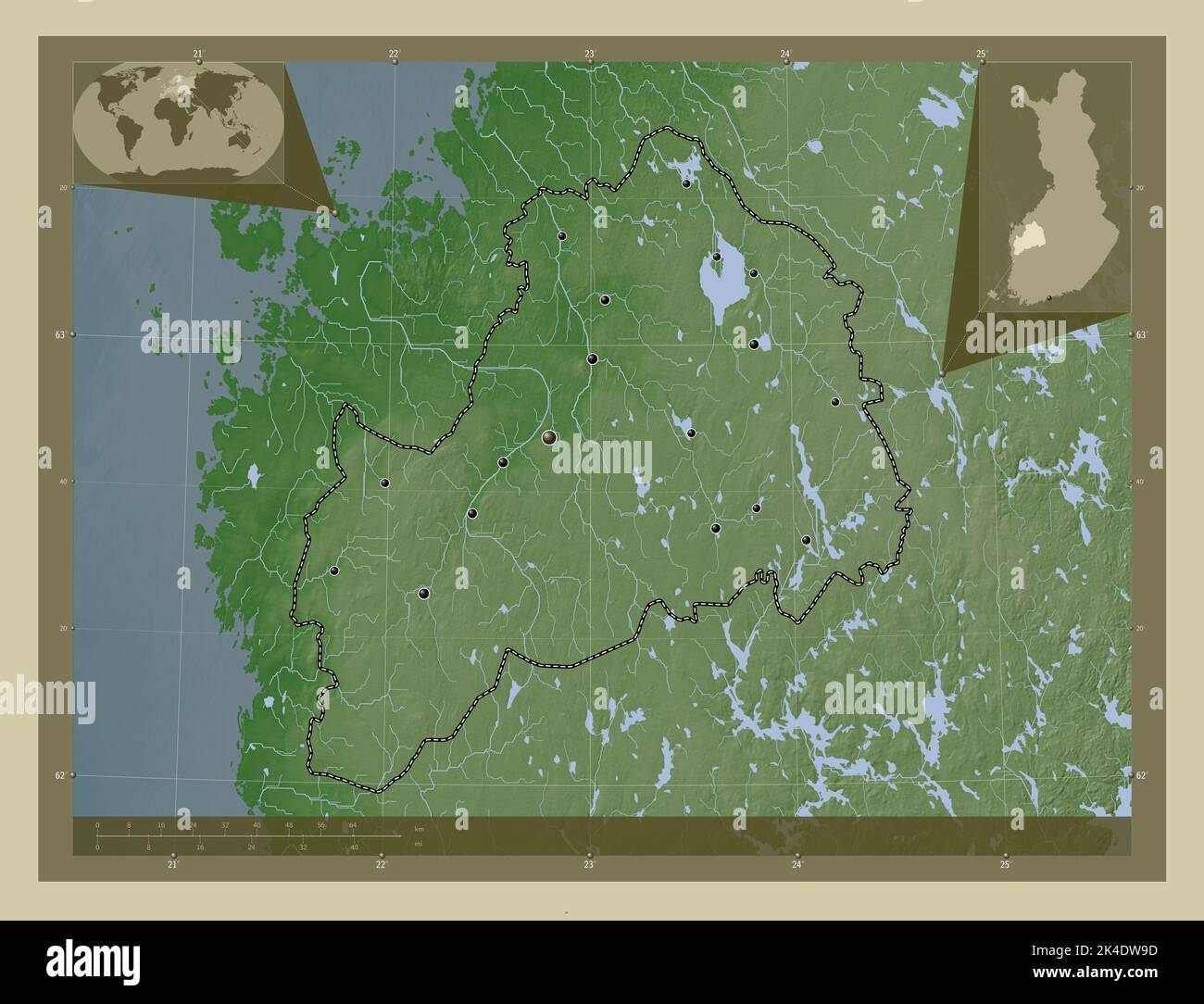 Southern Ostrobothnia, region of Finland. Elevation map colored in wiki style with lakes and rivers. Locations of major cities of the region. Corner a Stock Photo