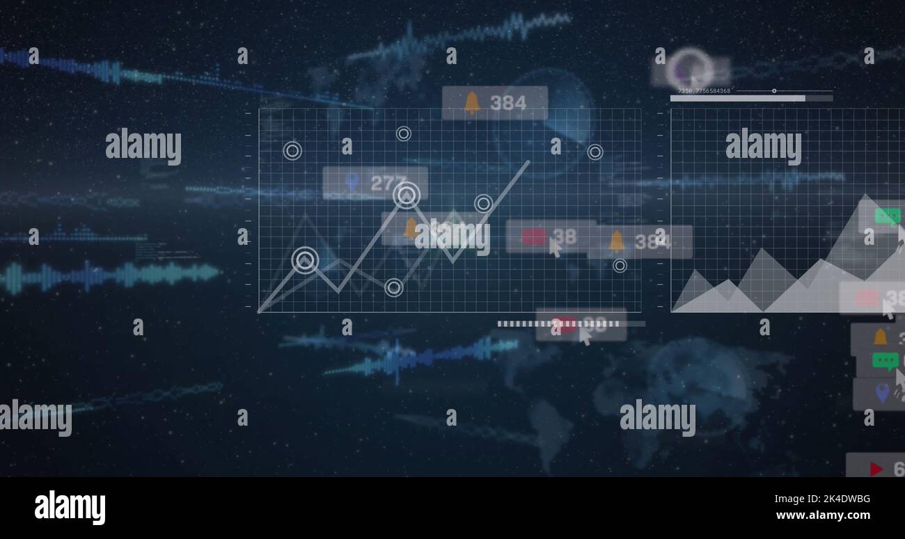 Image of icons with growing numbers over data processing and light ...