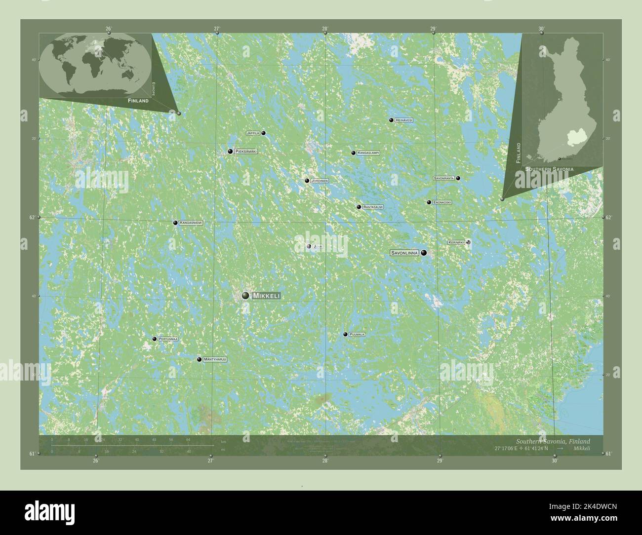 Southern Savonia, region of Finland. Open Street Map. Locations and names of major cities of the region. Corner auxiliary location maps Stock Photo