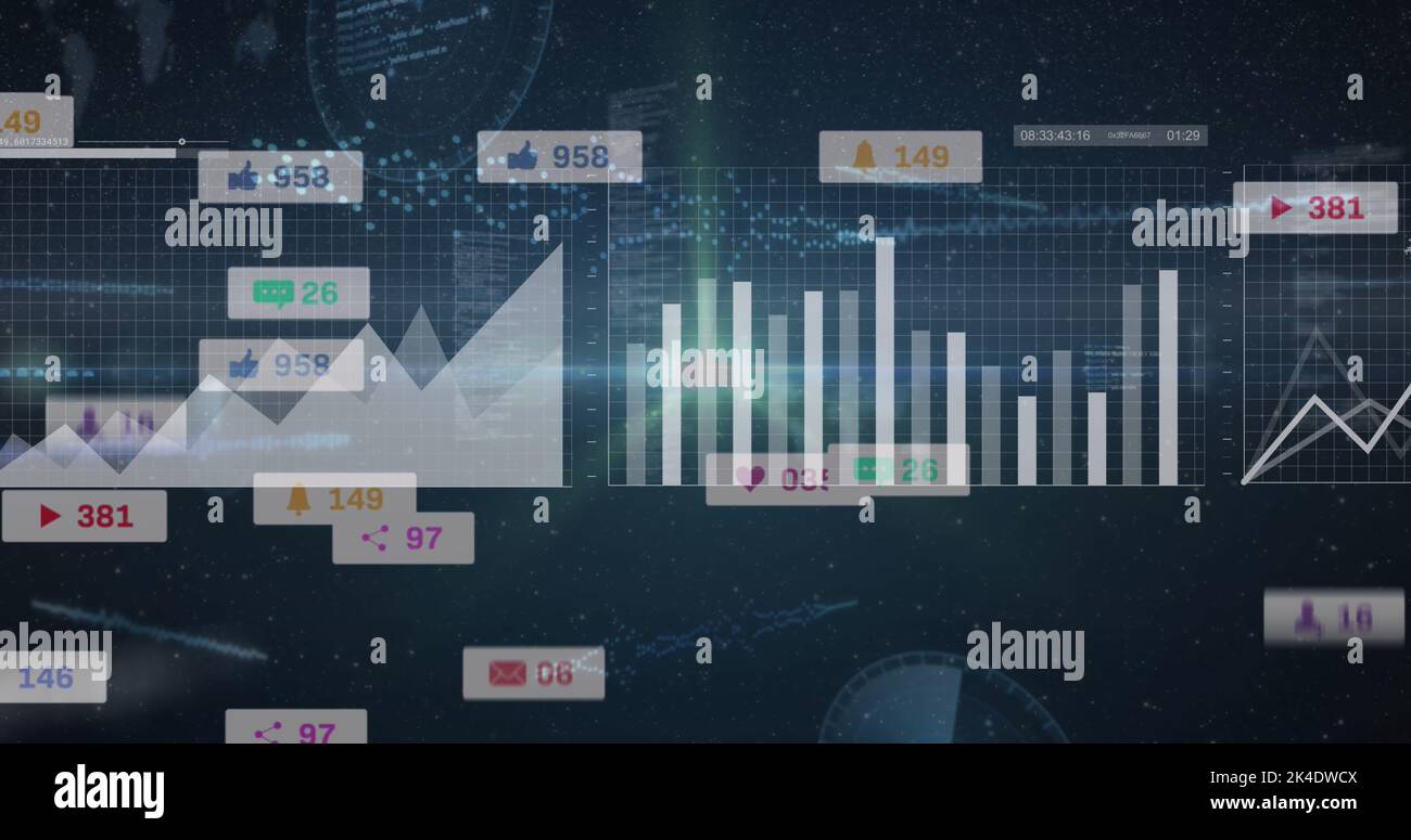 Image of icons with growing numbers over data processing and light ...
