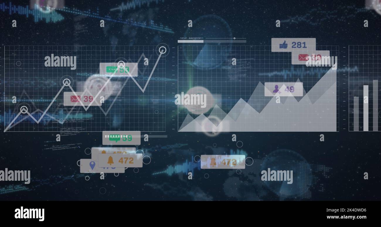 Image of icons with growing numbers over data processing and light ...