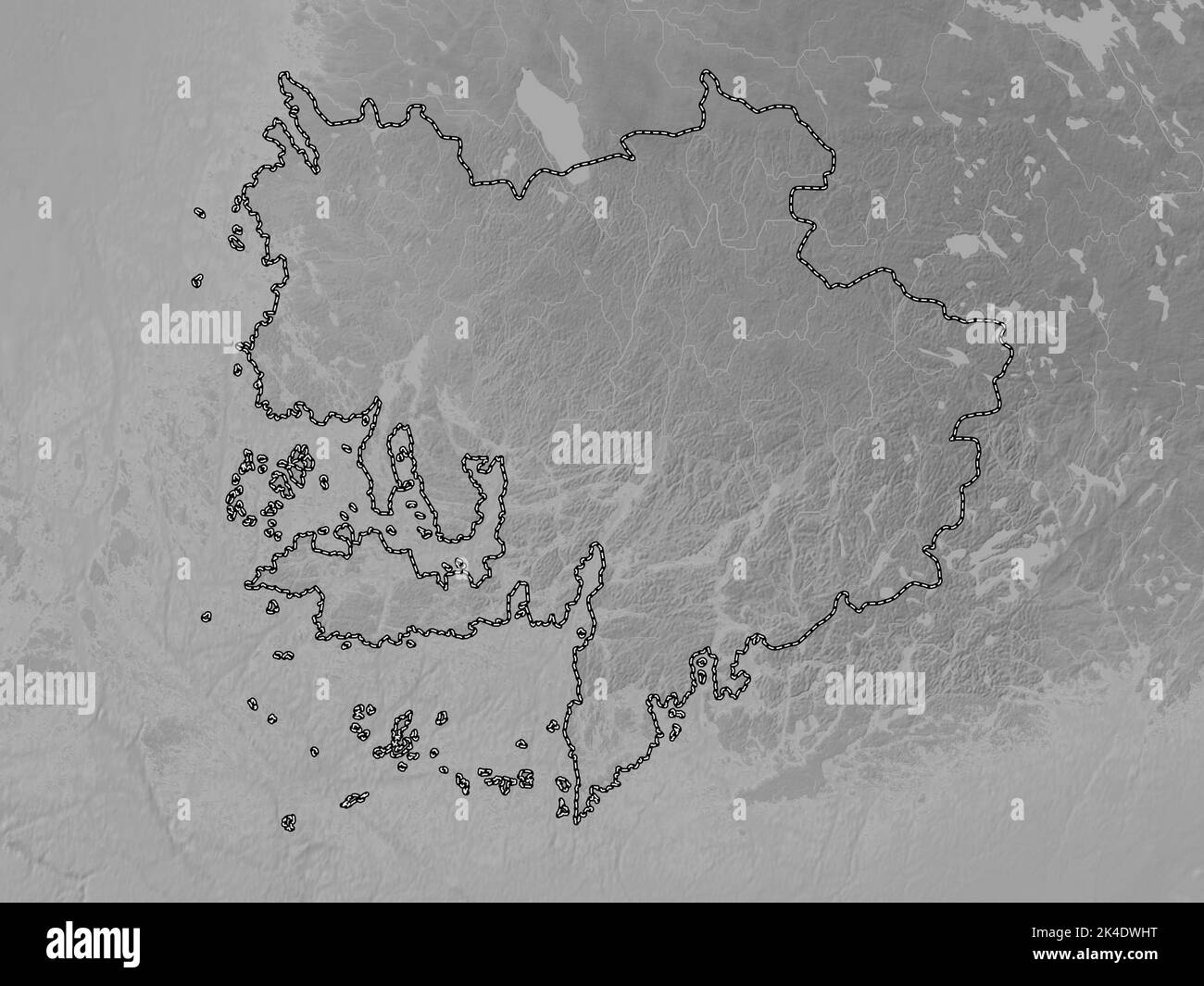 Southwest Finland, region of Finland. Grayscale elevation map with lakes and rivers Stock Photo