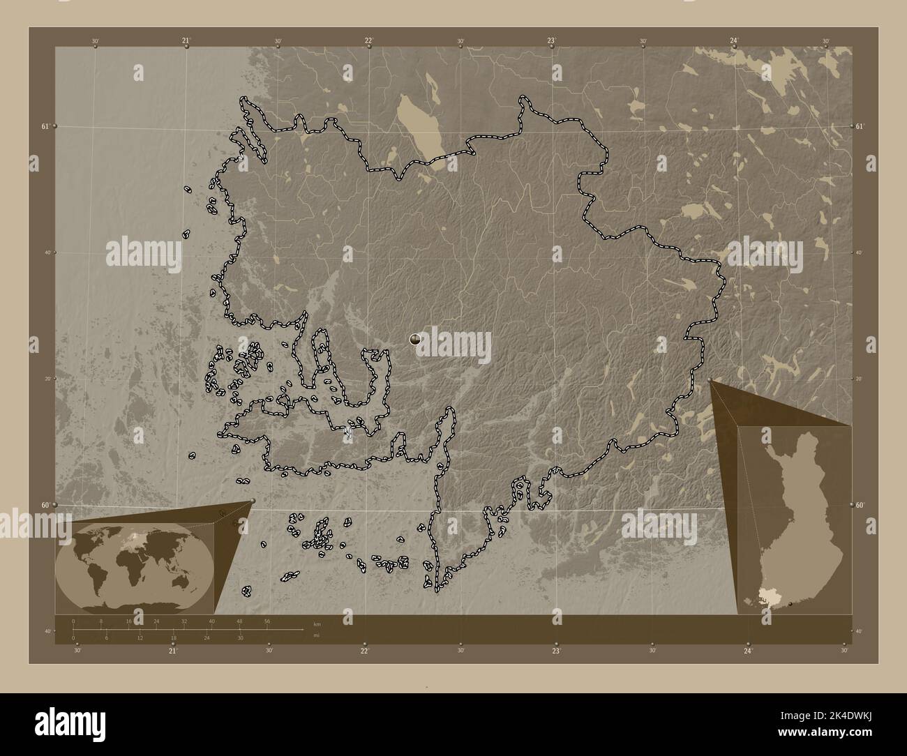 Southwest Finland, region of Finland. Elevation map colored in sepia tones with lakes and rivers. Corner auxiliary location maps Stock Photo
