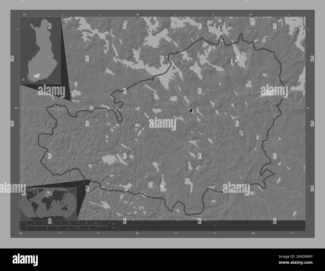 Tavastia Proper, region of Finland. Bilevel elevation map with lakes and rivers. Corner auxiliary location maps Stock Photo