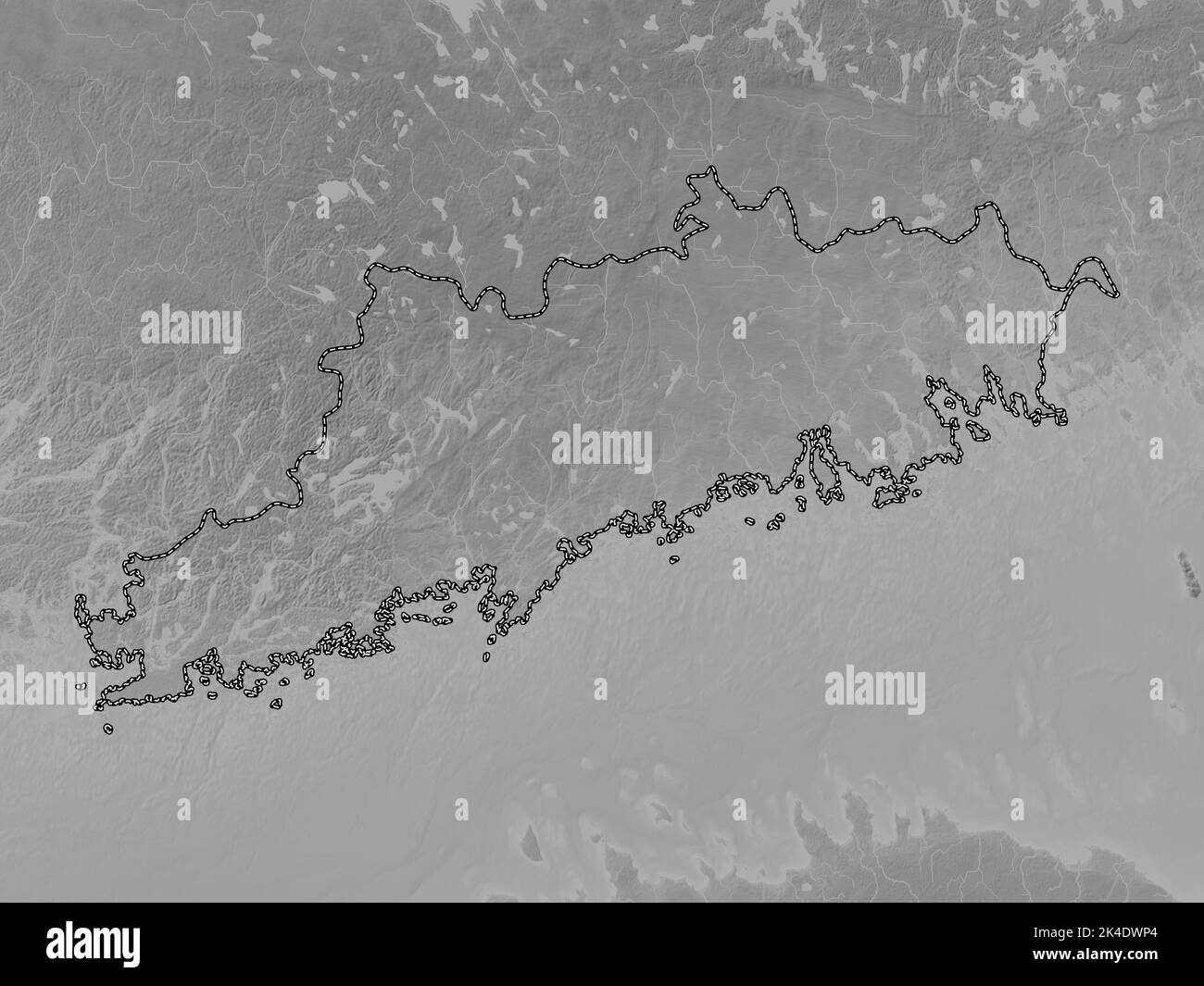 Uusimaa, region of Finland. Grayscale elevation map with lakes and rivers Stock Photo