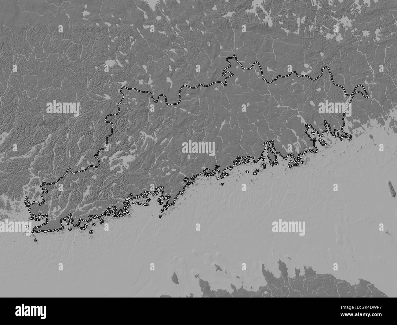 Uusimaa, region of Finland. Bilevel elevation map with lakes and rivers Stock Photo